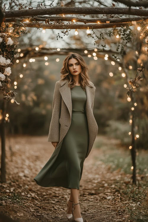 Fashionable woman in a sage green midi dress paired with a tailored wool jacket