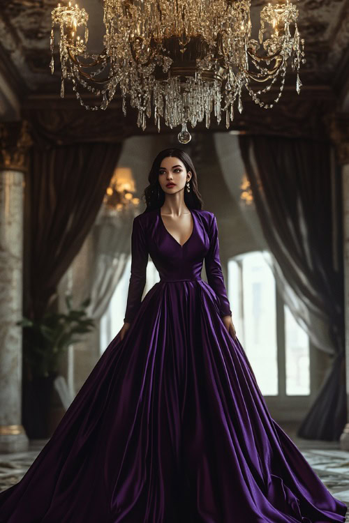 Full-body view of a woman wearing a deep purple satin gown with long sleeves