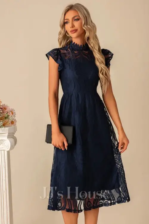 High Neck Illusion Cap Sleeve A-line Lace Midi Dress
