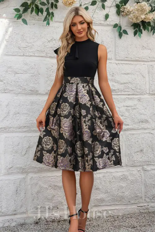 Pleated High Neck Sleeveless A-line Jacquard Stretch Crepe Midi Dress