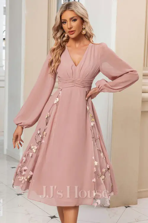 Pleated V-Neck Long Sleeve A-line Chiffon Lace Midi Dress