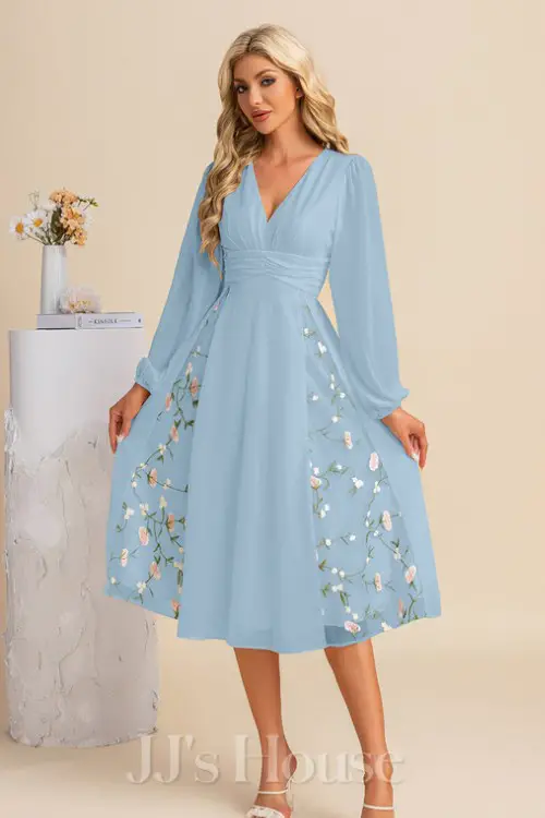 Pleated V-Neck Long Sleeve A-line Chiffon Lace Midi Dress