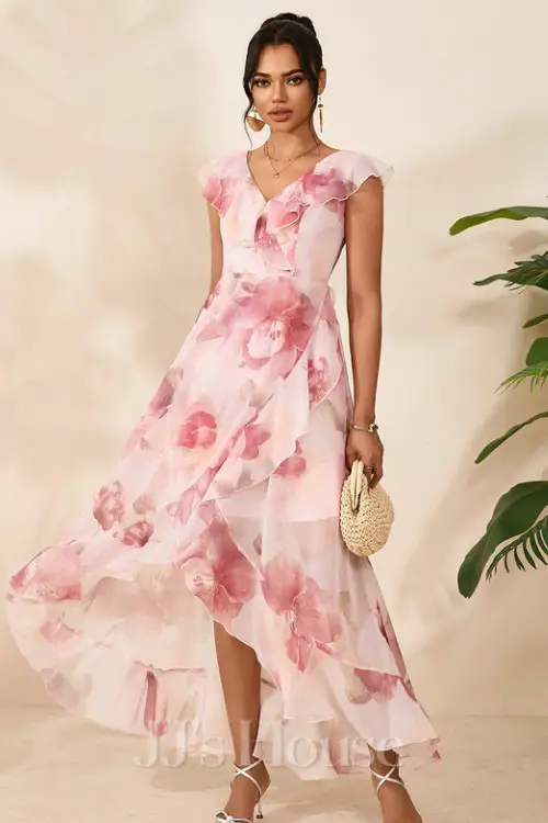 Ruffle Floral Print V-Neck Sleeveless A-line Chiffon Asymmetrical Maxi Dress