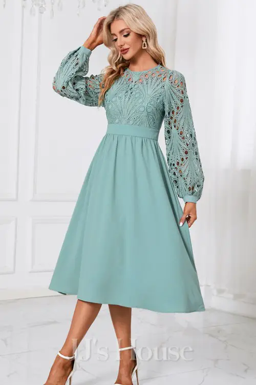 Scoop Illusion Long Sleeve A-line Crepe Lace Midi Dress