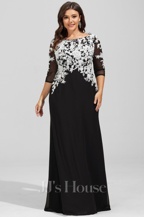 SheathColumn Boat Neck Floor-Length Lace Chiffon Evening Dress With Sequins