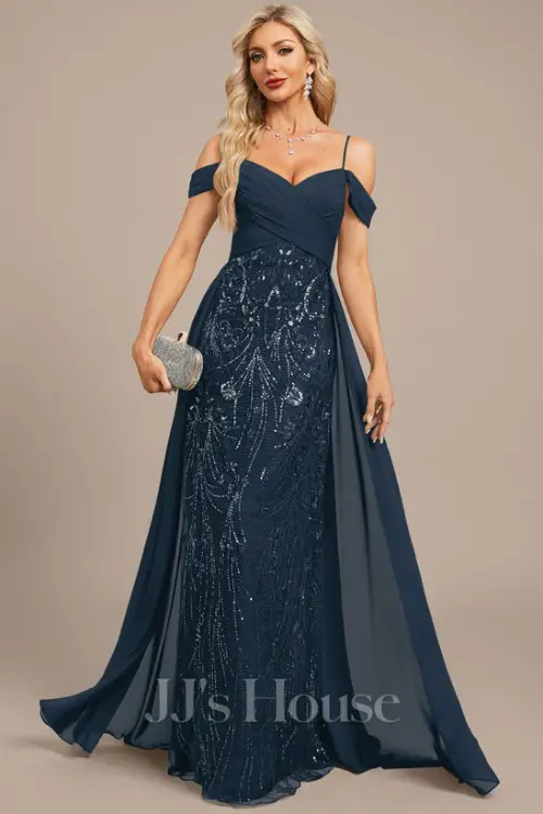 SheathColumn Cold Shoulder Floor-Length Lace Sequin Chiffon Mother of the Bride Dress With Overskirt Pleated