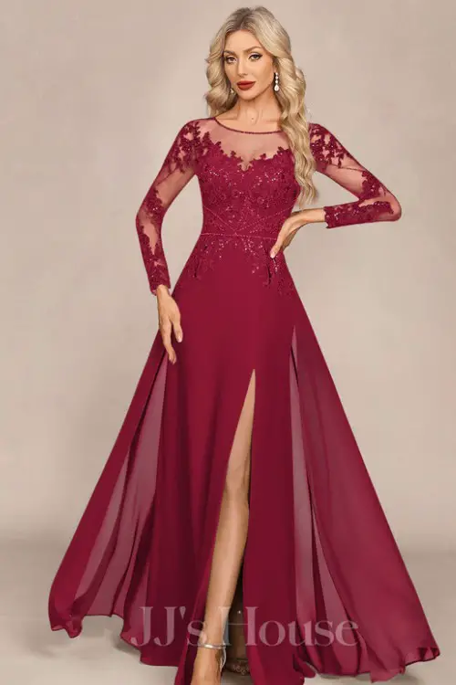 SheathColumn Illusion Scoop Floor-Length Chiffon Tulle Evening Dress With Beading Overskirt Sequins