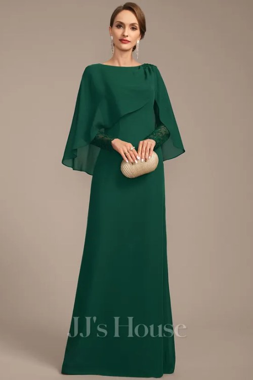 SheathColumn Scoop Floor-Length Lace Chiffon Mother of the Bride Dress With Cape Pleated