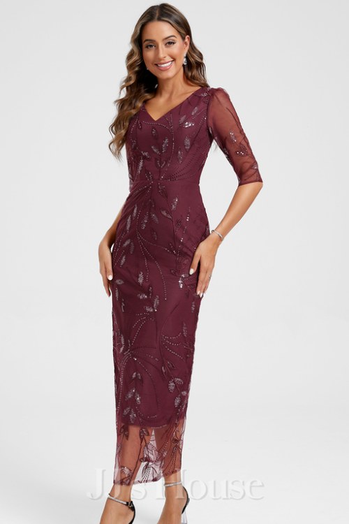 SheathColumn V-Neck Ankle-Length Floral Lace Cocktail Dress With Sequins