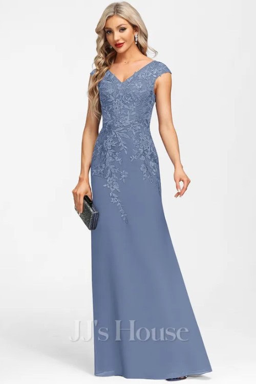 SheathColumn V-Neck Floor-Length Lace Chiffon Evening Dress With Sequins
