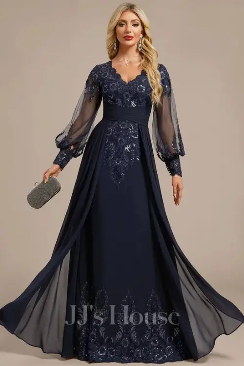 SheathColumn V-Neck Floor-Length Lace Sequin Chiffon Mother of the Bride Dress With Overskirt Pleated