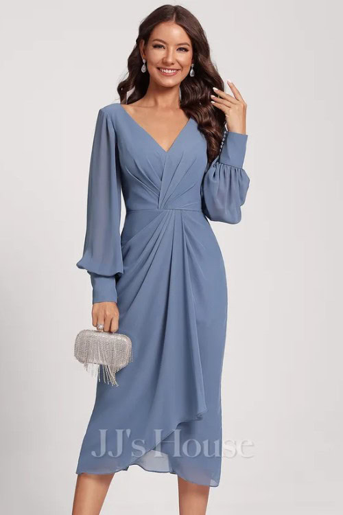 SheathColumn V-Neck Tea-Length Chiffon Cocktail Dress With Cascading Ruffles
