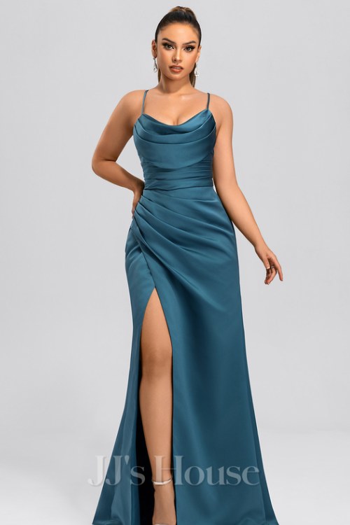 Sheath_Column Cowl Floor-Length Satin Prom Dresses With Pleated