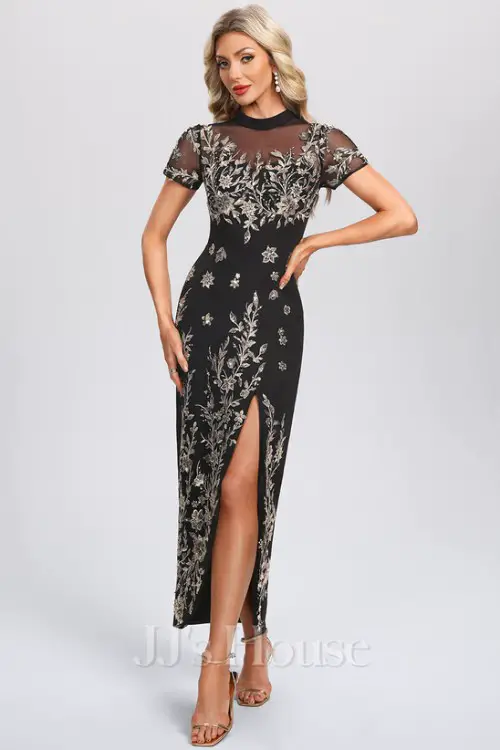 Sheath_Column High Neck Illusion Ankle-Length Tulle Stretch Crepe Cocktail Dress With Sequins