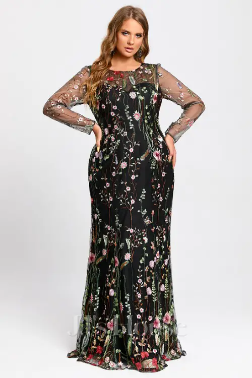 Sheath_Column Illusion Boat Neck Floor-Length Floral Lace Evening Dress