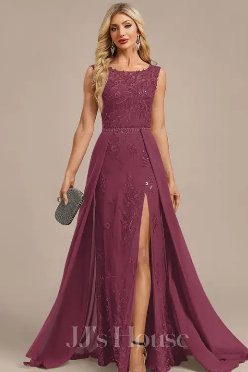 Sheath_Column Illusion Scoop Detachable Floor-Length Chiffon Lace Mother of the Bride Dress With Beading Overskirt Sequins