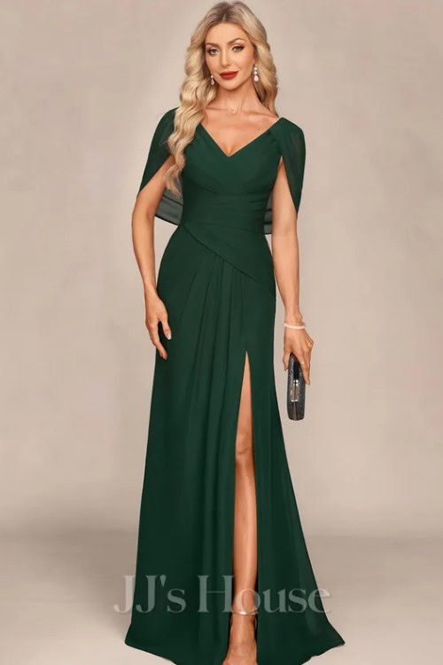 Sheath_Column V-Neck Floor-Length Chiffon Evening Dress With Cape Pleated