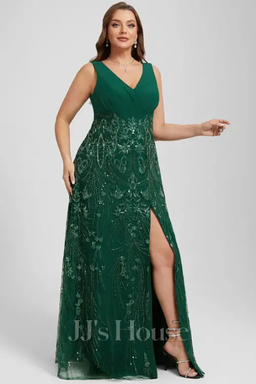 Sheath_Column V-Neck Floor-Length Lace Sequin Chiffon Evening Dress With Pleated