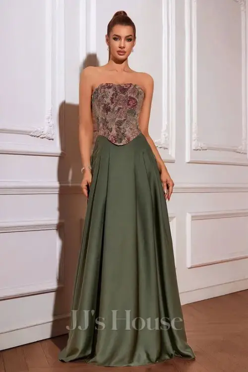 Strapless A-line Jacquard Satin Maxi Dress