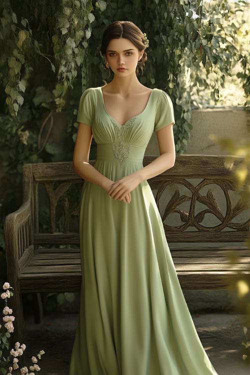 Stylish woman in a sage green A-line dress with a scoop neckline and subtle embroidery