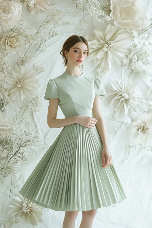 Stylish woman in a sage green midi dress with a boat neckline and a pleated skirt