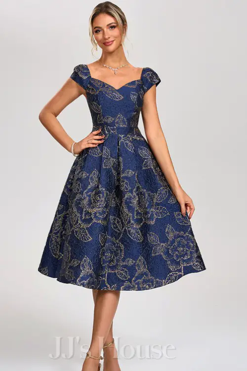 Sweetheart Cap Sleeve A-line Jacquard Midi Dress