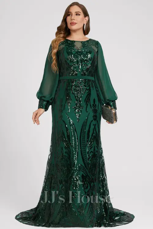 TrumpetMermaid Boat Neck Illusion Sweep Train Chiffon Sequin Evening Dress