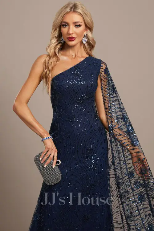 TrumpetMermaid One Shoulder Floor-Length Lace Sequin Evening Dress With Cape