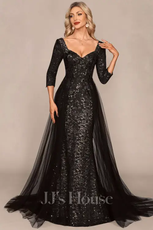 TrumpetMermaid V-Neck Detachable Sweep Train Tulle Lace Evening Dress With Sequins Overskirt