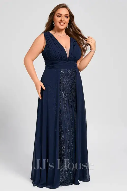 TrumpetMermaid V-Neck Floor-Length Lace Sequin Chiffon Mother of the Bride Dress With Overskirt Pleated