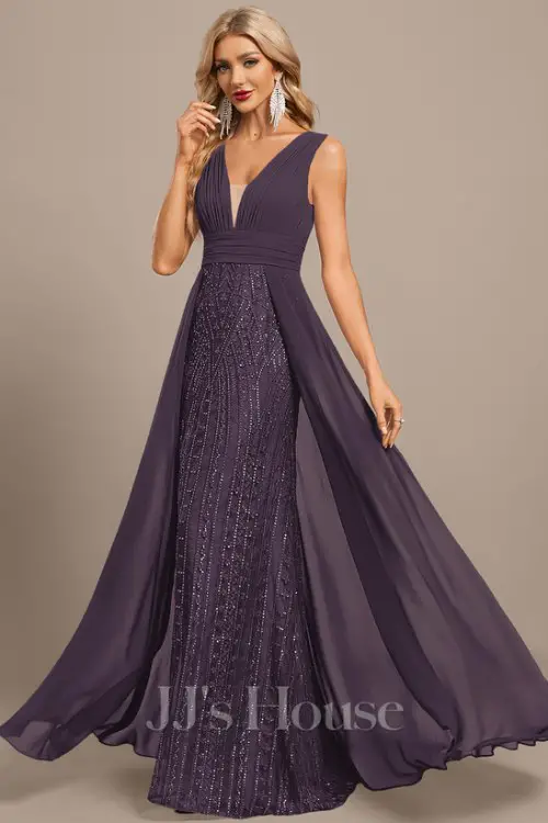 TrumpetMermaid V-Neck Floor-Length Lace Sequin Chiffon Mother of the Bride Dress With Overskirt Pleated