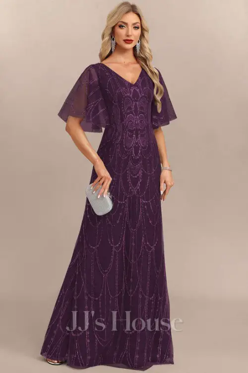 TrumpetMermaid V-Neck Floor-Length Tulle Sequin Evening Dress