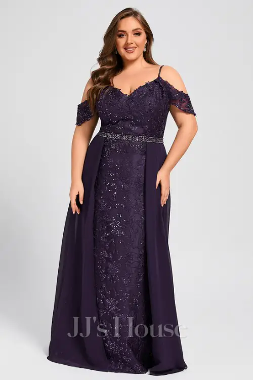 Trumpet_Mermaid Cold Shoulder Floor-Length Chiffon Sequin Lace Evening Dress With Beading Overskirt