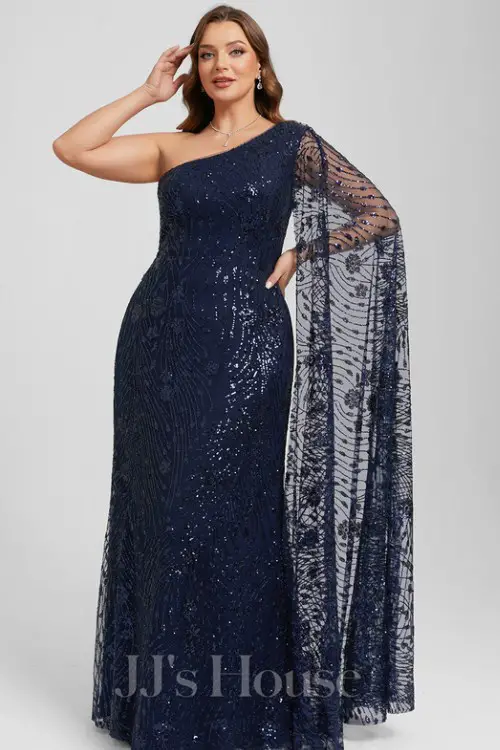 Trumpet_Mermaid One Shoulder Floor-Length Lace Sequin Evening Dress With Cape