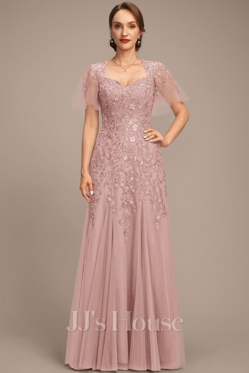 Trumpet_Mermaid Queen Anne Floor-Length Tulle Lace Mother of the Bride Dress With Sequins