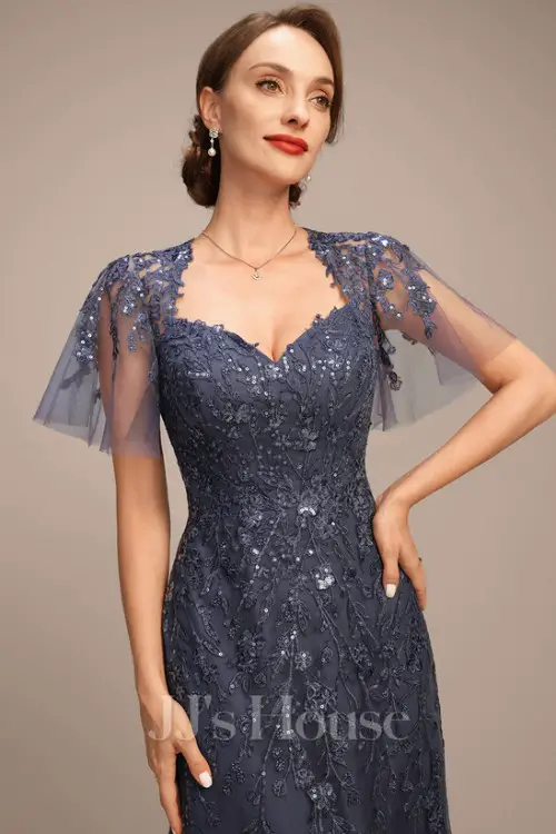 Trumpet_Mermaid Queen Anne Floor-Length Tulle Lace Mother of the Bride Dress With Sequins