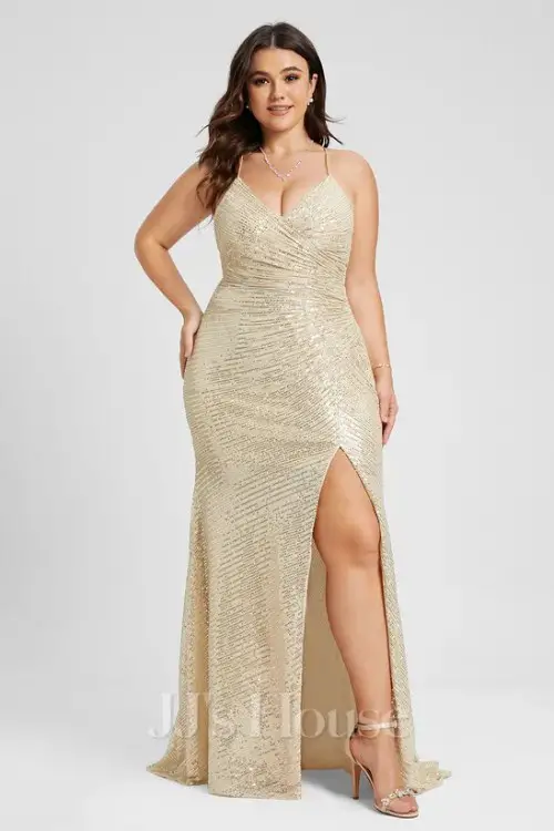 Trumpet_Mermaid Sheath_Column V-Neck Sweep Train Sequin Evening Dress With Pleated