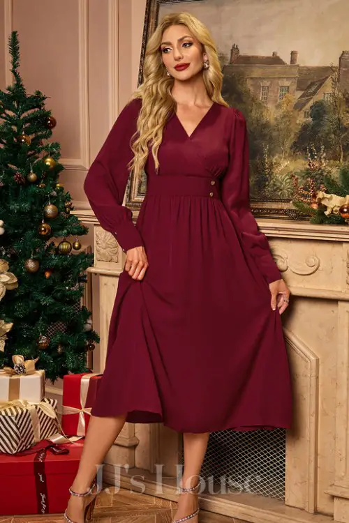 V-Neck Long Sleeve A-line Charmeuse Midi Dress