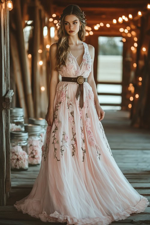 Woman in a blush pink tea-length dress with embroidered floral details and a wide leather belt