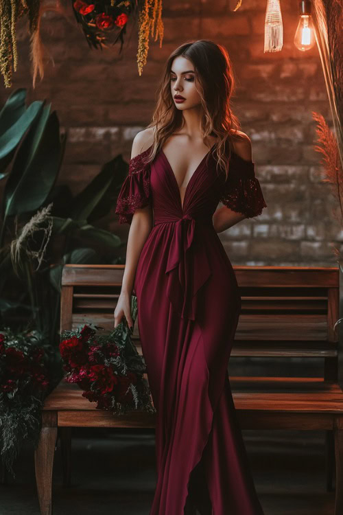 Woman in a maroon high-low wrap dress with lace detailing and a flared skirt