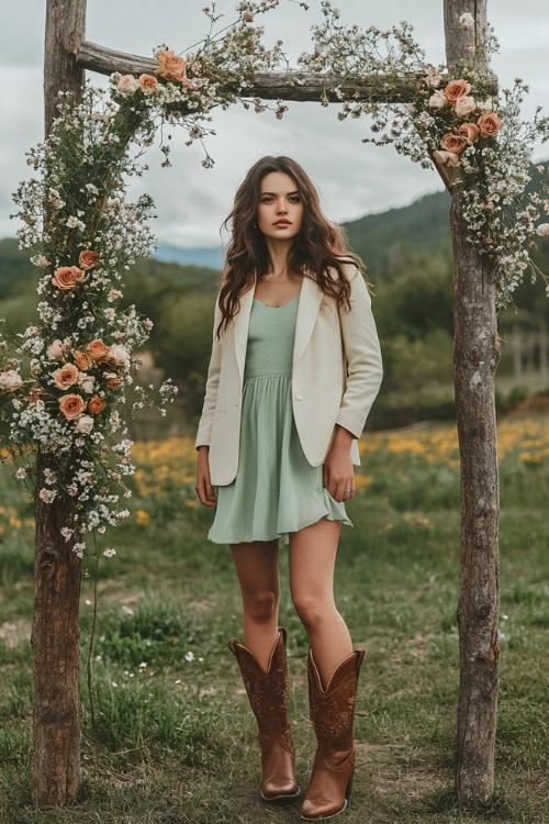 Woman wearing a soft green midi dress paired with brown cowboy boots and a tailored cream blazer