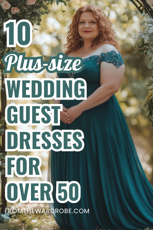 a plus size woman over 50 wears a teal wedding guest dress with lace accents