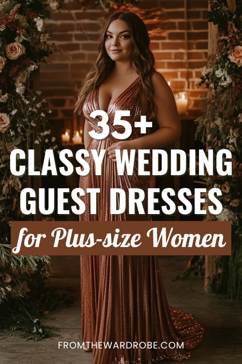 a plus size woman wears a classy long wedding guest dress