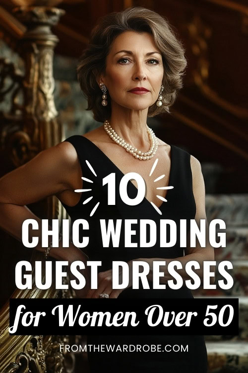 a woman over 50 wears a black sleeveless wedding guest dress with pearl accessories