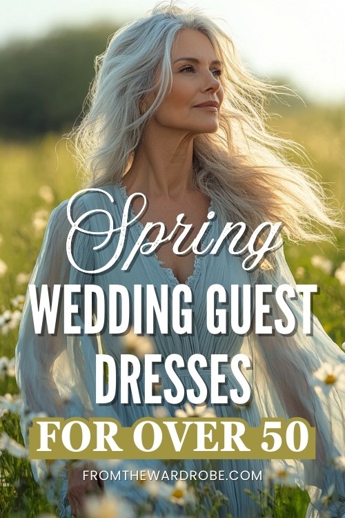 a woman over 50 wears a blue wedding guest dress in spring