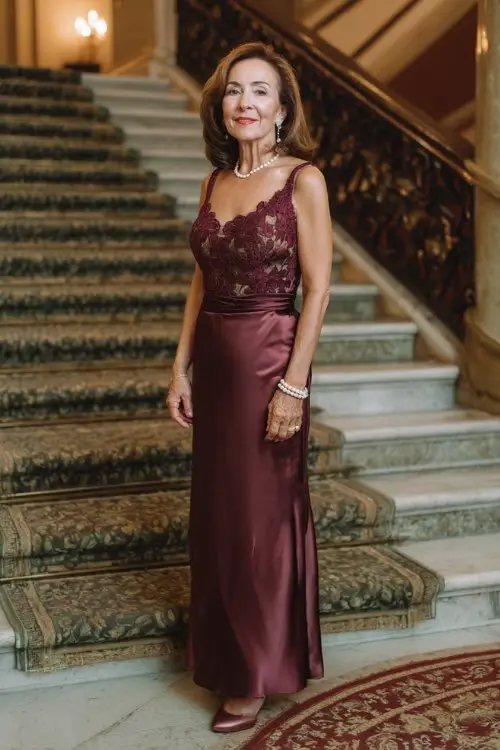 a woman over 50 wears a burgundy satin gown with a lace bodice overlay and scalloped neckline, paired with satin heels and a pearl bracelet