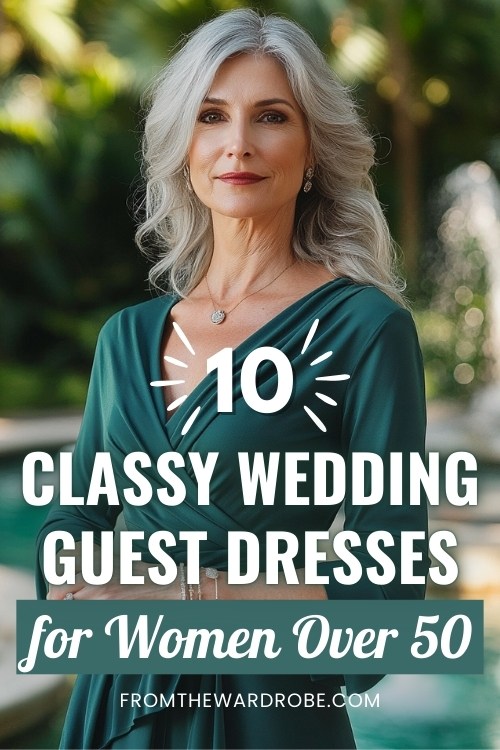 a woman over 50 wears a classy teal wrap wedding guest dress with long sleeves