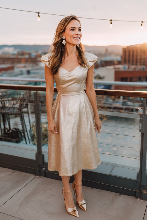 a woman over 50 wears a cocktail satin champagne wedding guest dress with metallic heels