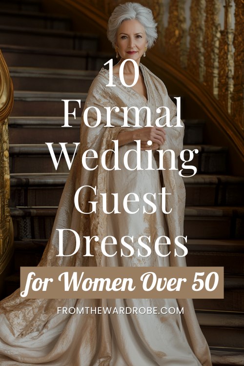 a woman over 50 wears a formal wedding guest dress