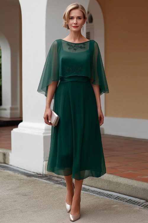 a woman over 50 wears a green wedding guest dreess with gold heels